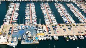Aerial view of yachts docked at a large marina for Southampton boat show