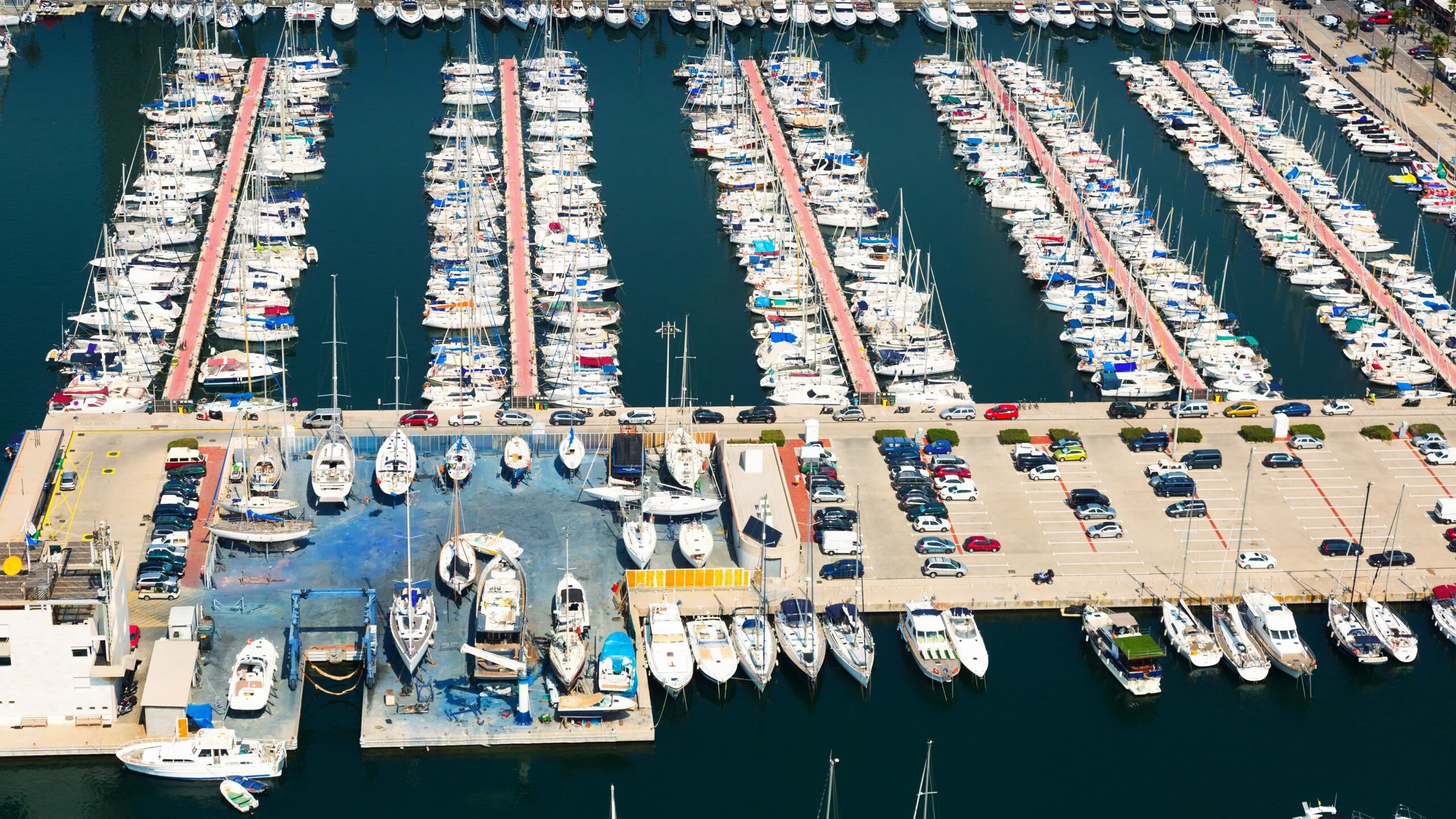 Aerial view of yachts docked at a large marina for Southampton boat show